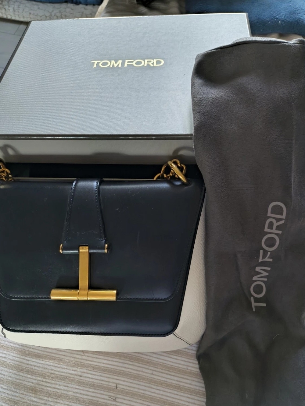 Tom Ford Black Leather Shoulder Bag with Gold Hardware and Chain Strap
